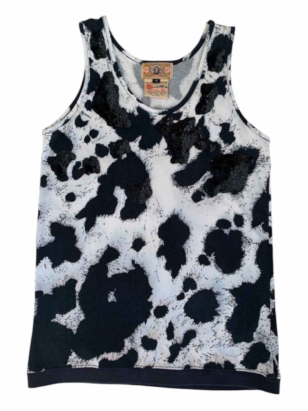 VTG Gene Ewing Bis Sequin Sleeveless Top Women M Black White California Sunwash